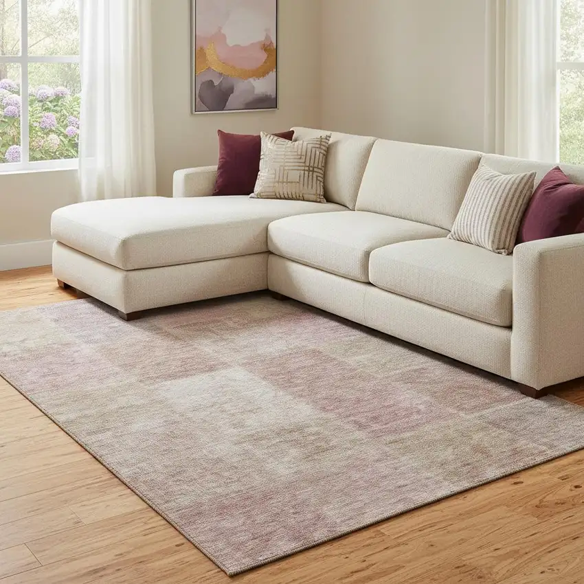 Blush And Beige Patchwork Washable Area Rug With UV Protection Photo 1