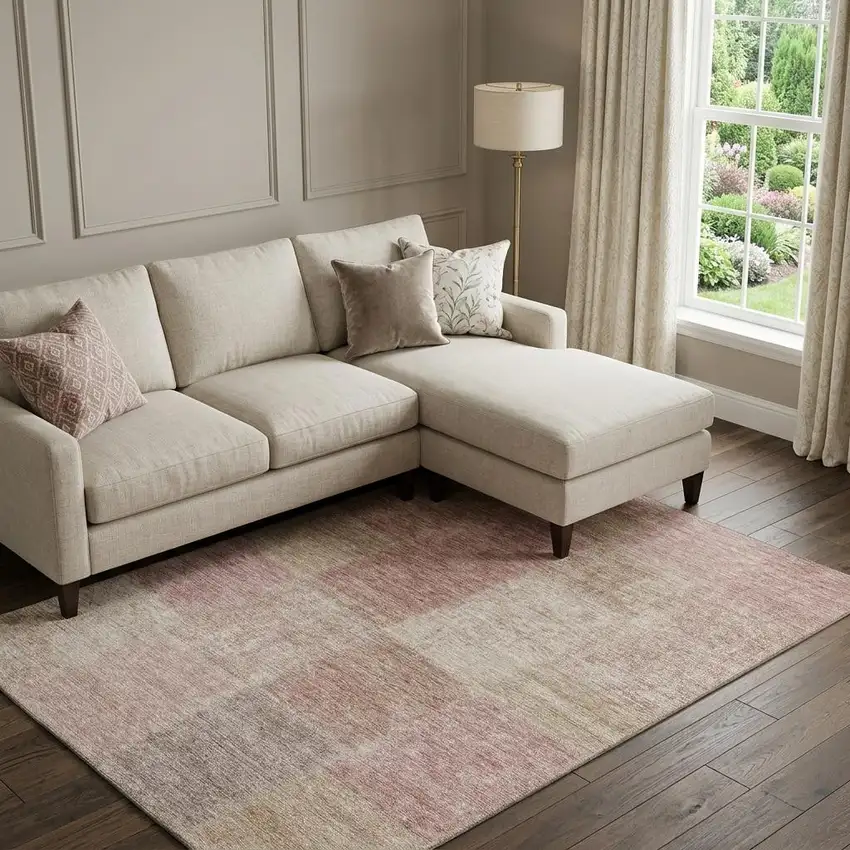 Blush And Beige Patchwork Washable Area Rug With UV Protection Photo 1