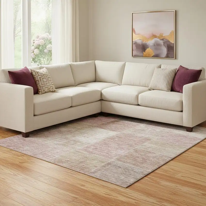 Blush And Beige Patchwork Washable Area Rug With UV Protection Photo 1