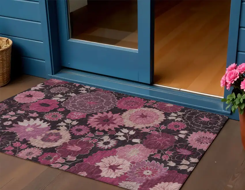 Blush And Black Floral Washable Indoor Outdoor Area Rug Photo 1
