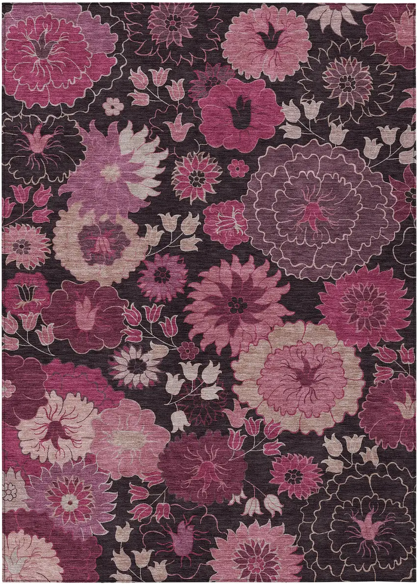 Blush And Black Floral Washable Indoor Outdoor Area Rug Photo 2