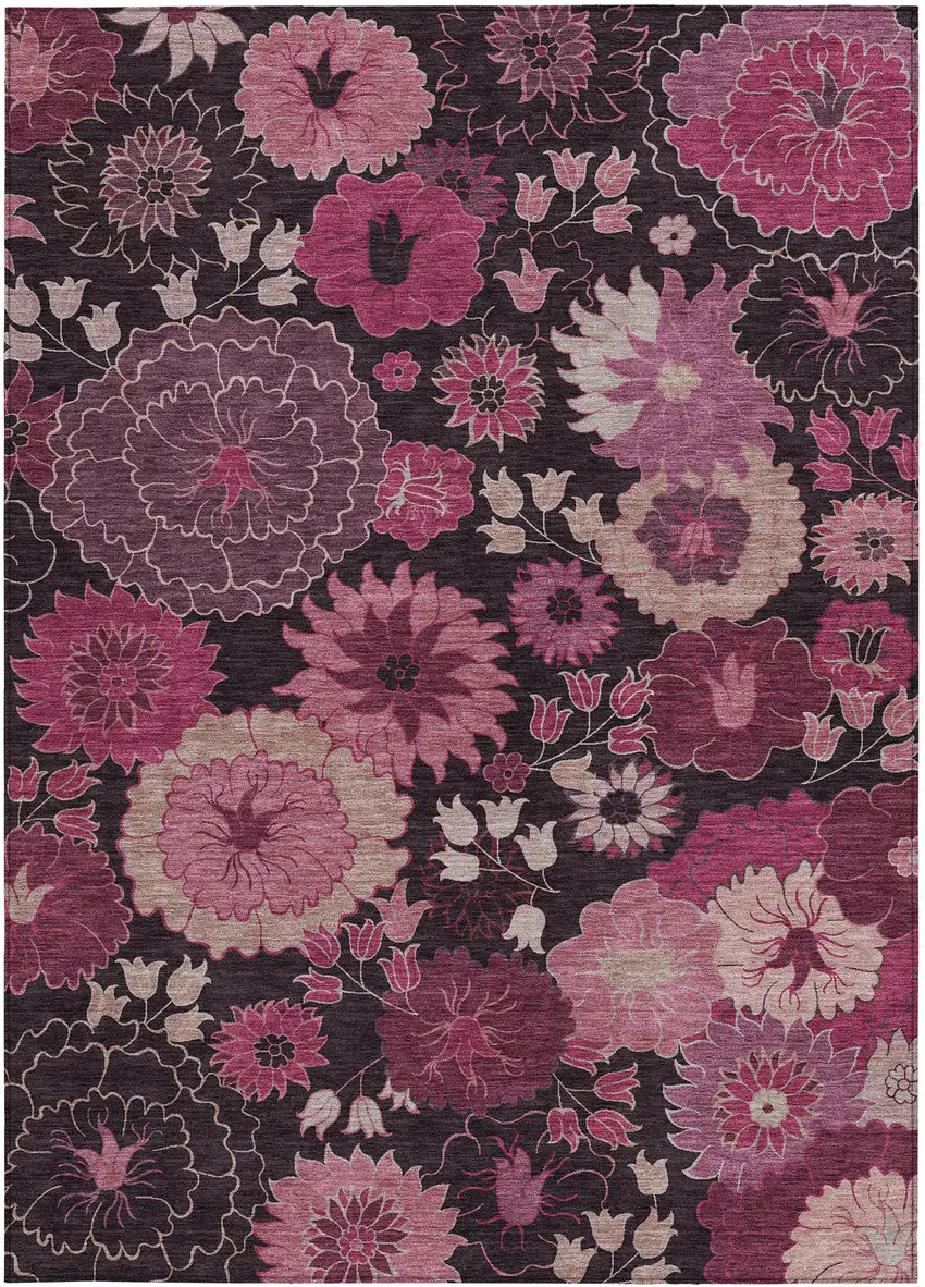 Blush And Black Floral Washable Indoor Outdoor Area Rug Photo 3