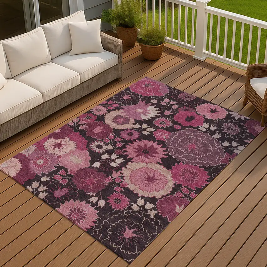 Blush And Black Floral Washable Indoor Outdoor Area Rug Photo 9