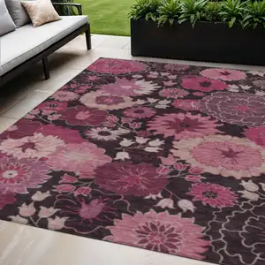 Photo of Blush And Black Floral Washable Indoor Outdoor Area Rug