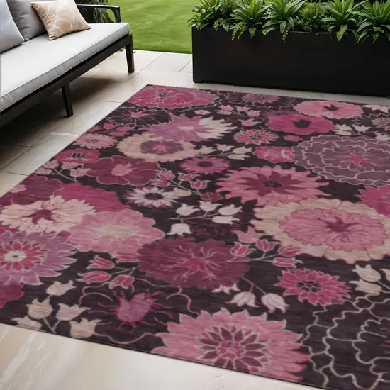 Blush And Black Floral Washable Indoor Outdoor Area Rug Photo 1