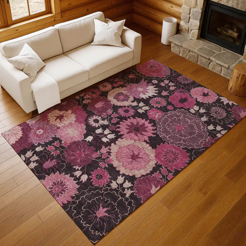 Blush And Black Floral Washable Indoor Outdoor Area Rug Photo 9