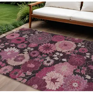 Photo of Blush And Black Floral Washable Indoor Outdoor Area Rug