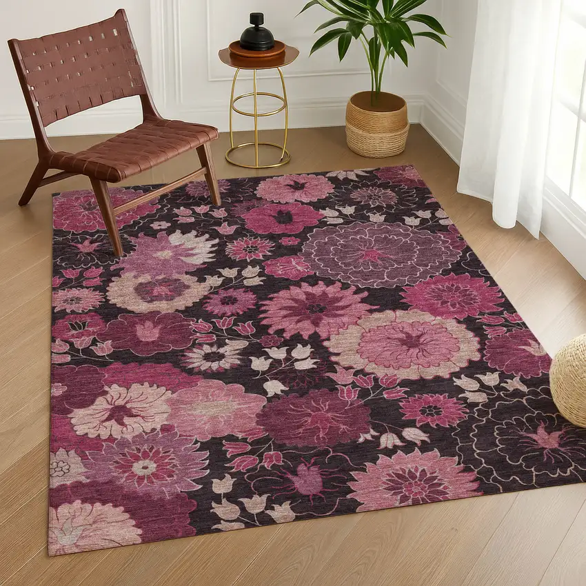 Blush And Black Floral Washable Indoor Outdoor Area Rug Photo 9