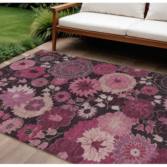 Blush And Black Floral Washable Indoor Outdoor Area Rug Photo 1
