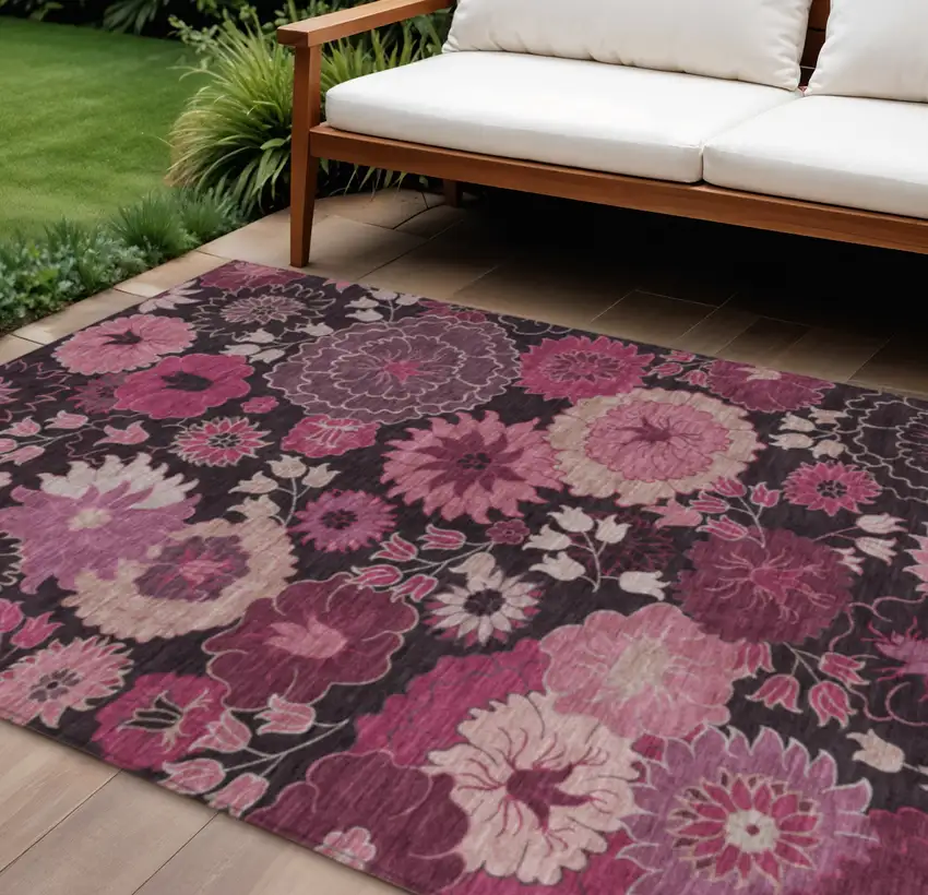 Blush And Black Floral Washable Indoor Outdoor Area Rug Photo 1