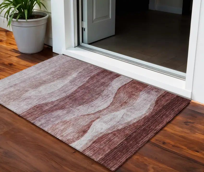 Blush And Brown Abstract Washable Indoor Outdoor Area Rug Photo 1
