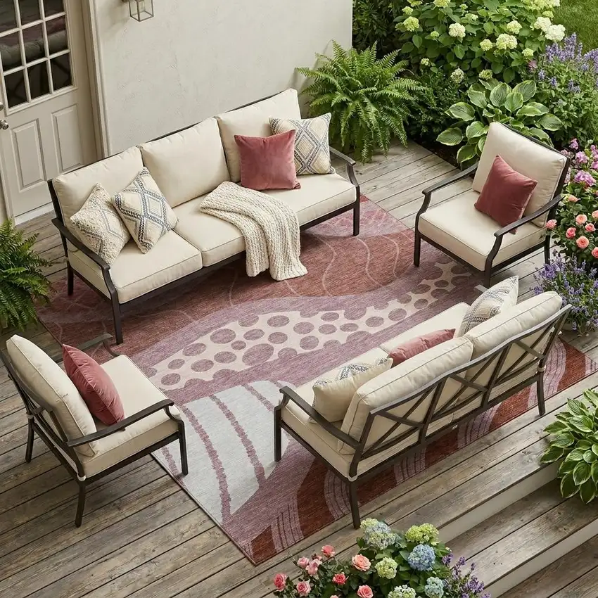 Blush And Brown Abstract Washable Indoor Outdoor Area Rug Photo 1