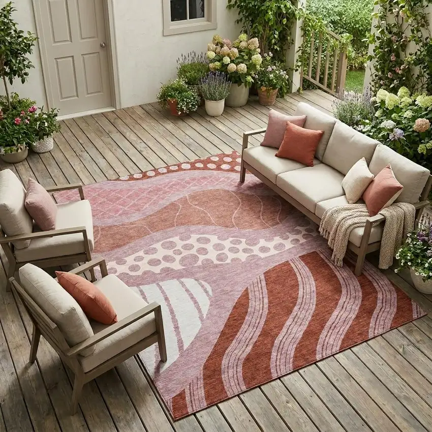 Blush And Brown Abstract Washable Indoor Outdoor Area Rug Photo 1