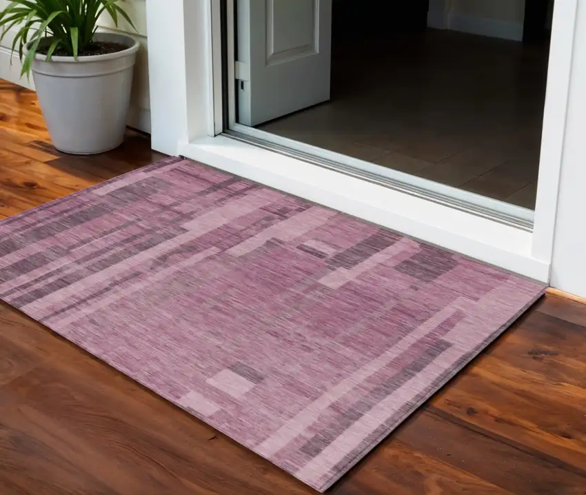 Blush And Brown Striped Washable Indoor Outdoor Area Rug Photo 1