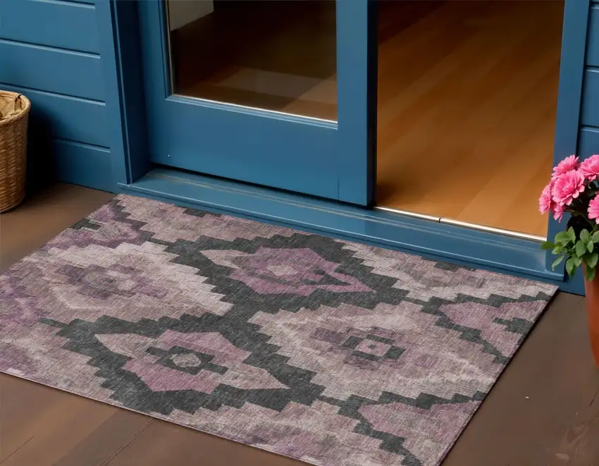 Blush And Charcoal Aztec Washable Indoor Outdoor Area Rug Photo 2