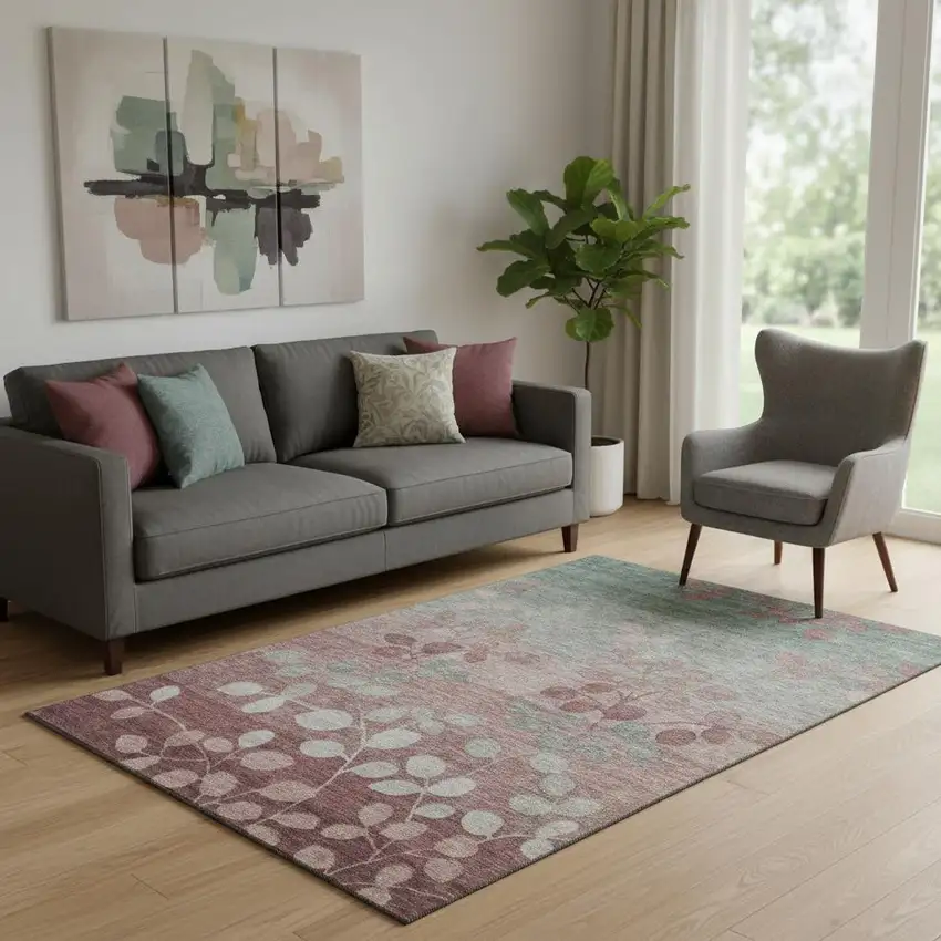 Blush And Emerald Floral Washable Area Rug With UV Protection Photo 2