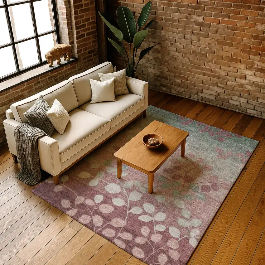 Blush And Emerald Floral Washable Area Rug With UV Protection Photo 5