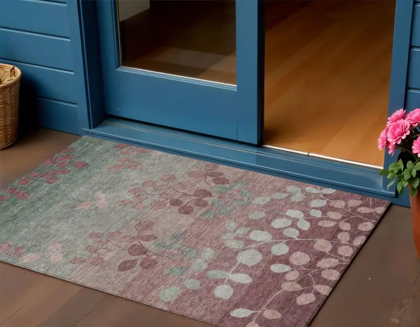 Blush And Emerald Floral Washable Indoor Outdoor Area Rug Photo 2