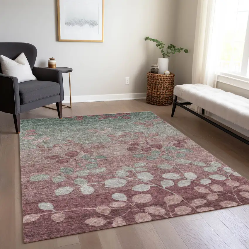 Blush And Emerald Floral Washable Indoor Outdoor Area Rug Photo 7