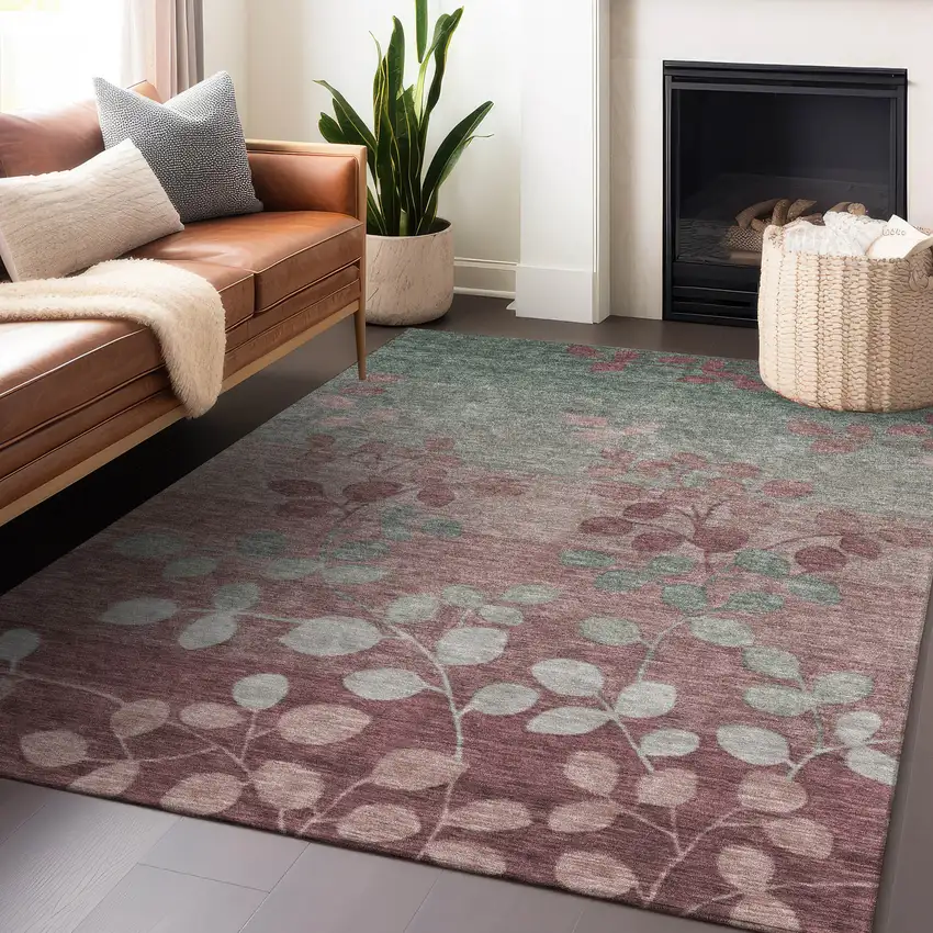 Blush And Emerald Floral Washable Indoor Outdoor Area Rug Photo 6