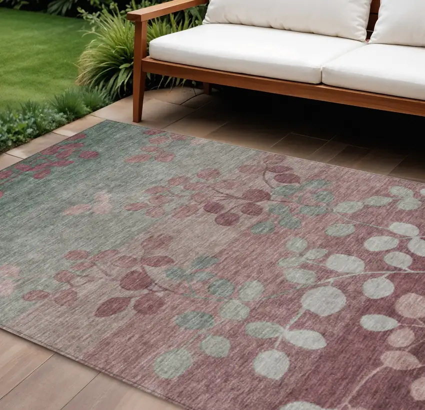 Blush And Emerald Floral Washable Indoor Outdoor Area Rug Photo 2