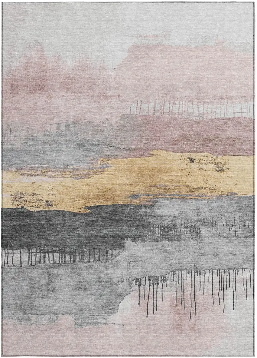 Blush And Gold Abstract Washable Indoor Outdoor Area Rug Photo 1
