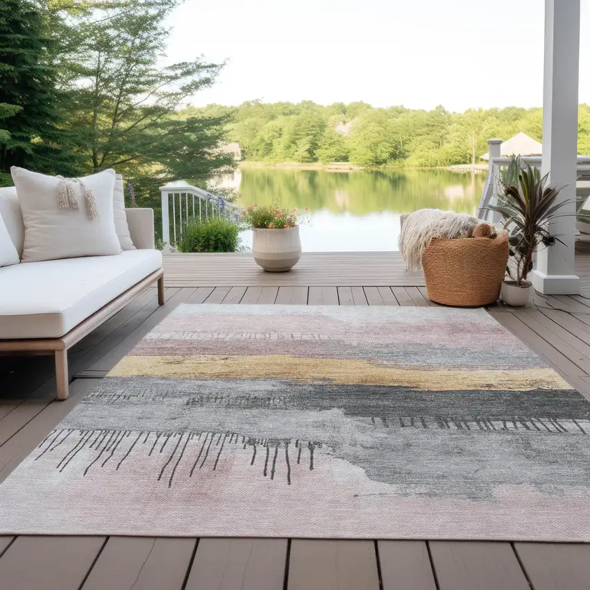 Blush And Gold Abstract Washable Indoor Outdoor Area Rug Photo 4