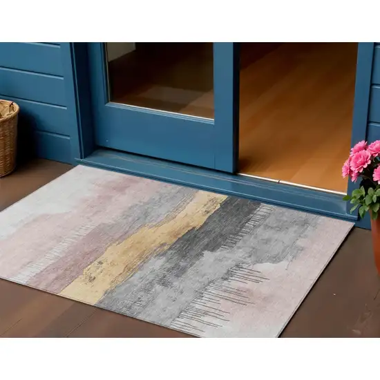 Blush And Gold Abstract Washable Indoor Outdoor Area Rug Photo 2