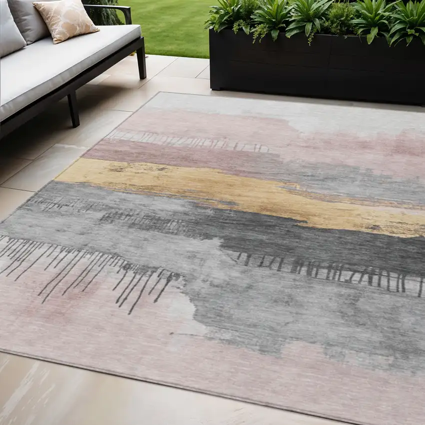 Blush And Gold Abstract Washable Indoor Outdoor Area Rug Photo 2