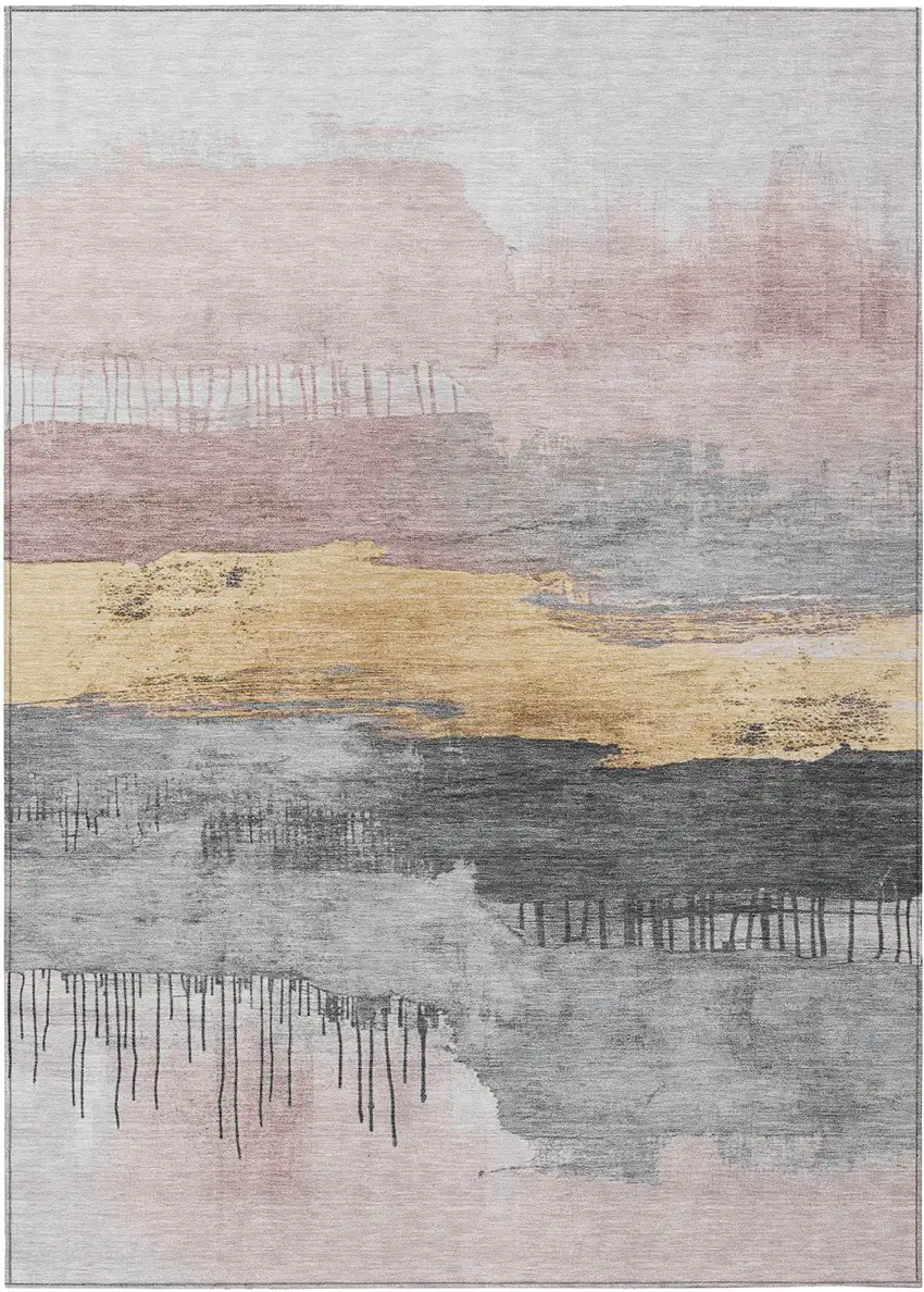 Blush And Gold Abstract Washable Indoor Outdoor Area Rug Photo 7
