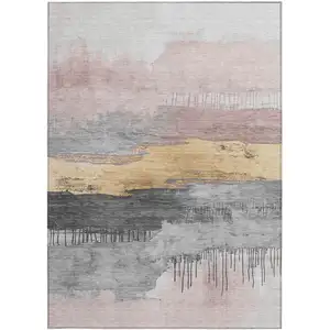 Photo of Blush And Gold Abstract Washable Indoor Outdoor Area Rug