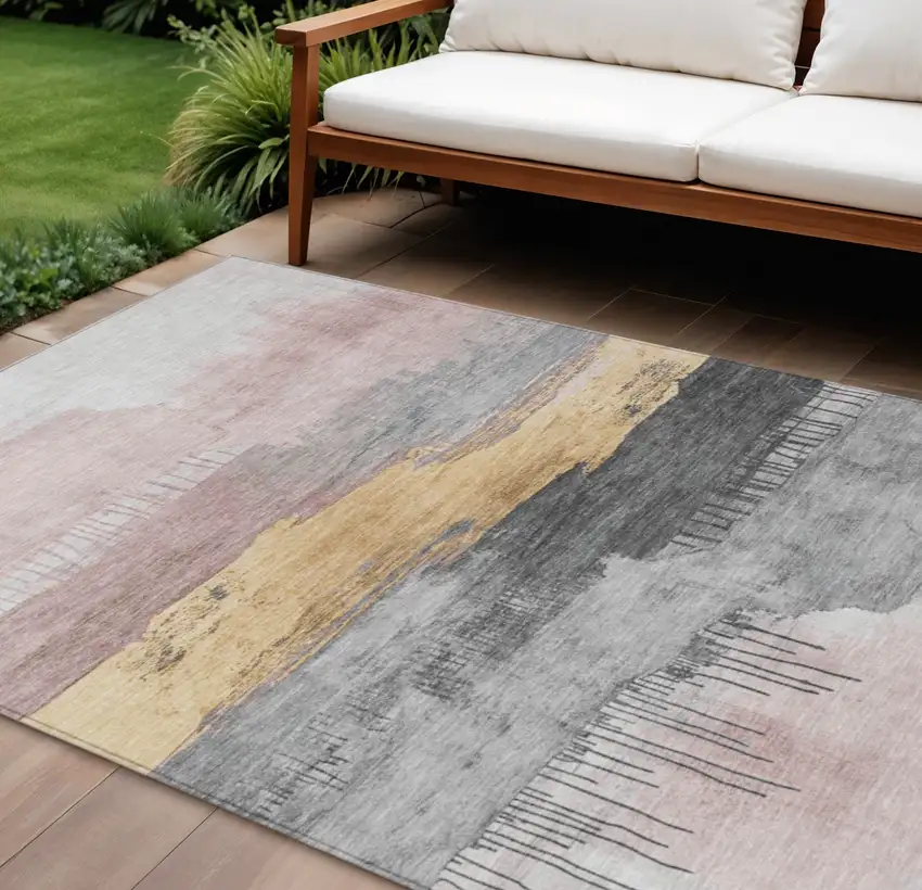 Blush And Gold Abstract Washable Indoor Outdoor Area Rug Photo 2