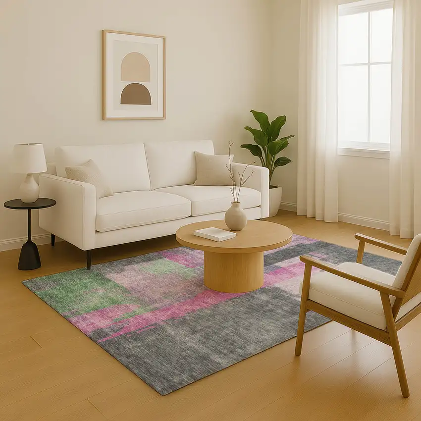 Blush And Gray Abstract Washable Area Rug With UV Protection Photo 4