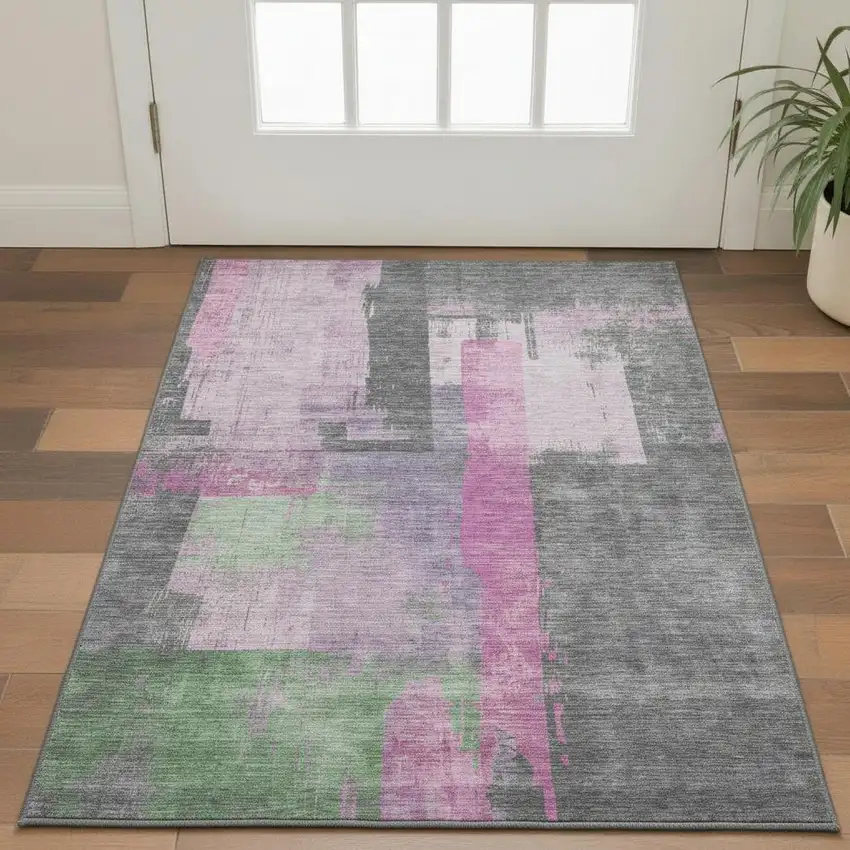 Blush And Gray Abstract Washable Area Rug With UV Protection Photo 2