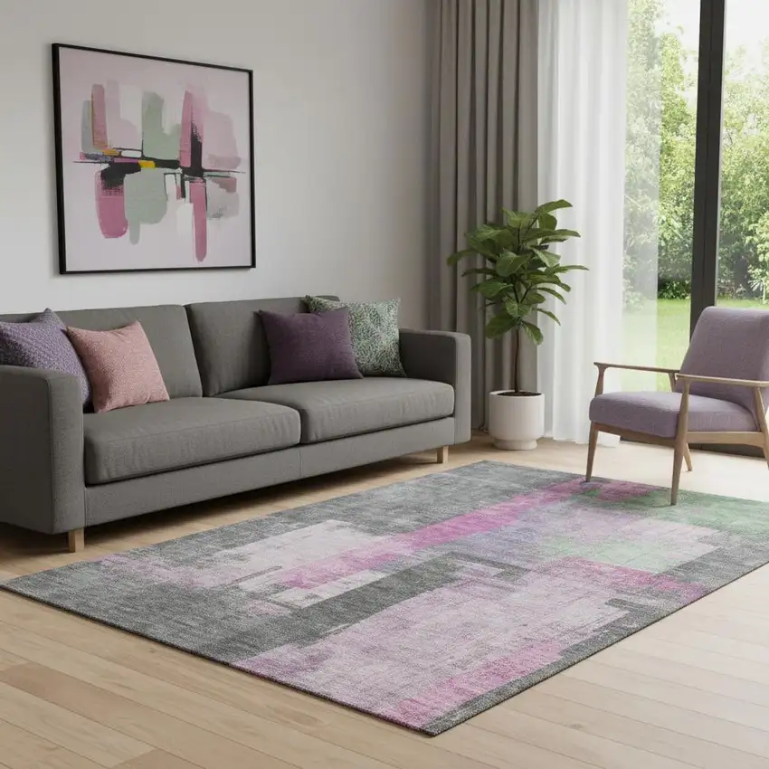 Blush And Gray Abstract Washable Area Rug With UV Protection Photo 2