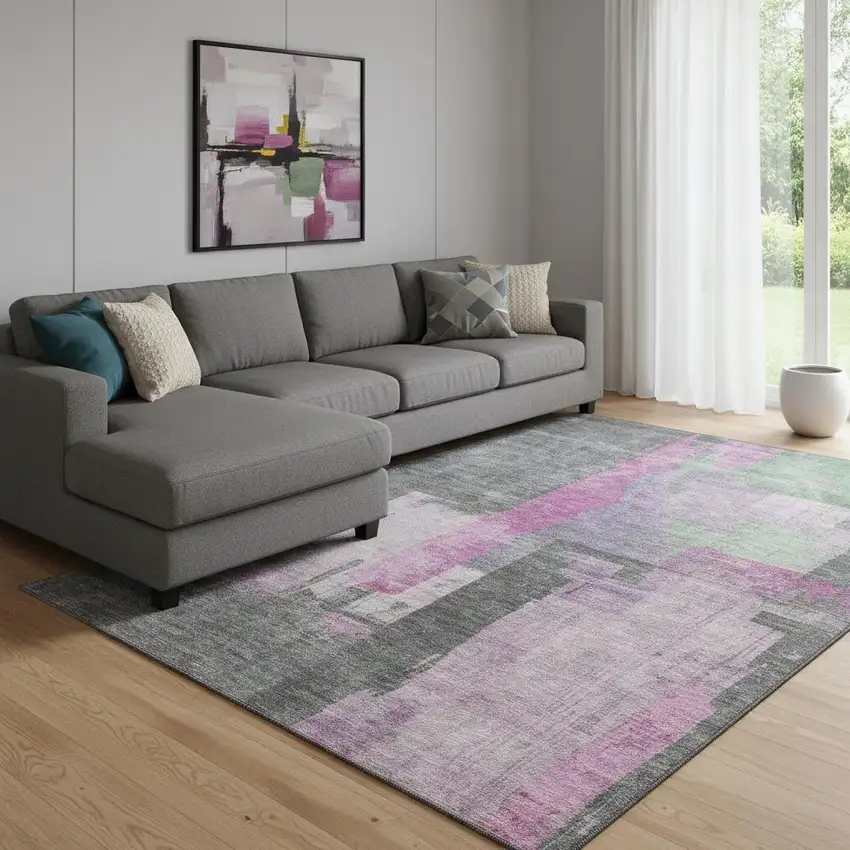 Blush And Gray Abstract Washable Area Rug With UV Protection Photo 2