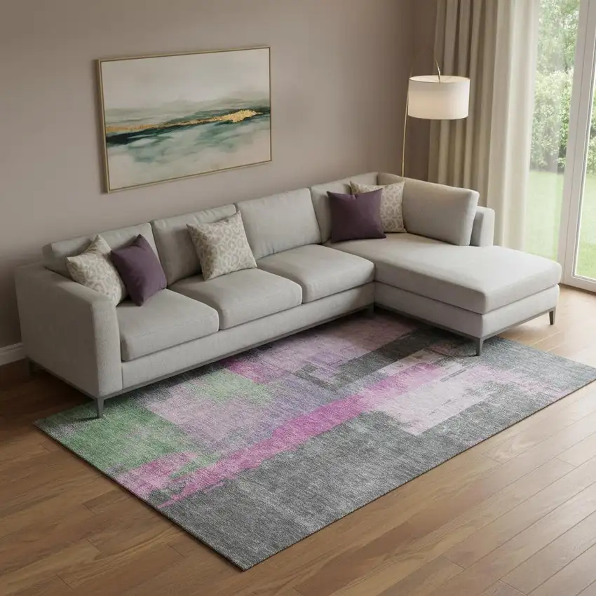 Blush And Gray Abstract Washable Area Rug With UV Protection Photo 2