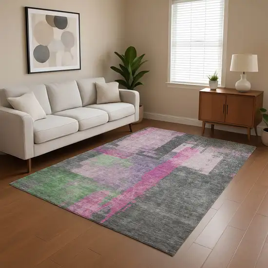 Blush And Gray Abstract Washable Area Rug With UV Protection Photo 4