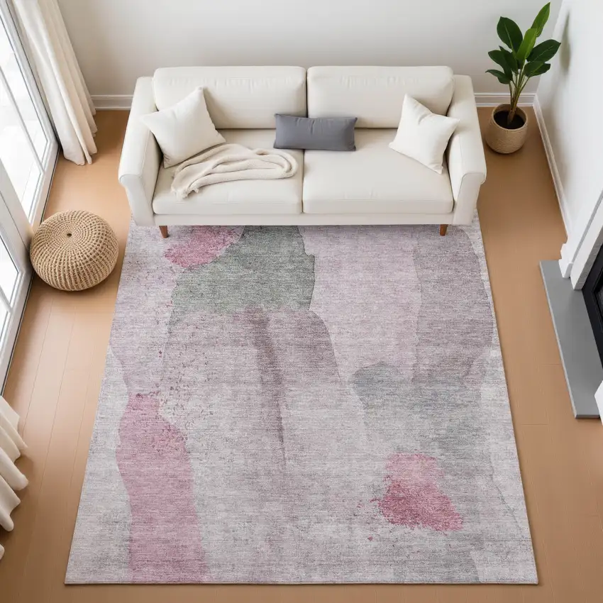 Blush And Gray Abstract Washable Area Rug With UV Protection Photo 5
