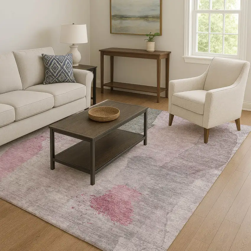 Blush And Gray Abstract Washable Area Rug With UV Protection Photo 6