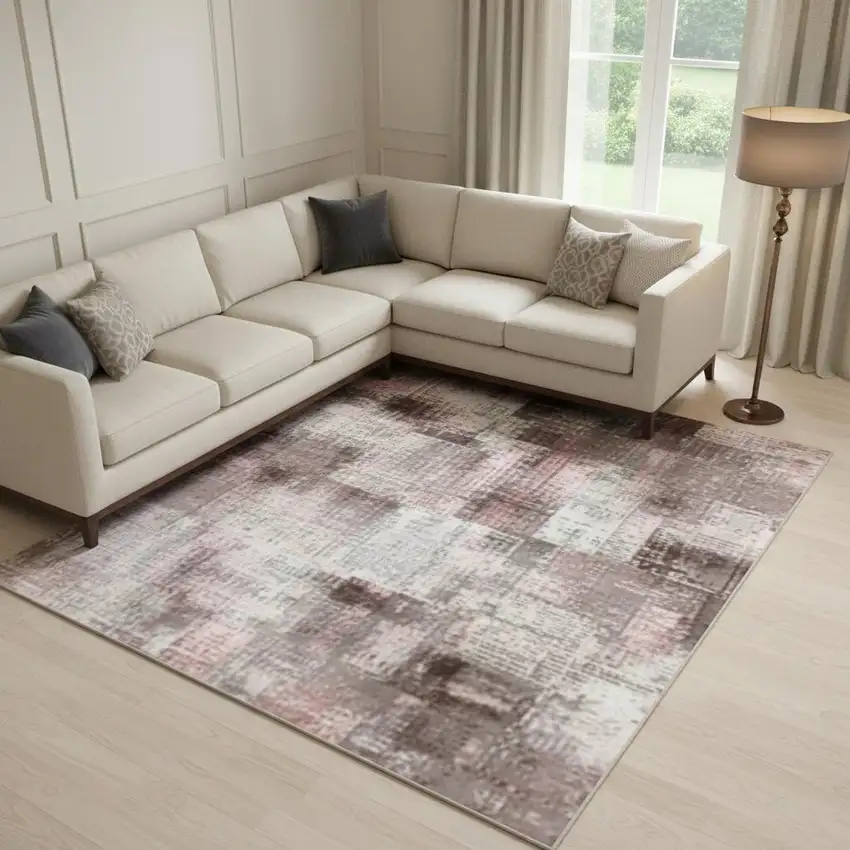 Blush And Gray Abstract Washable Area Rug With UV Protection Photo 1