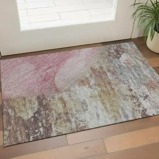 Blush And Gray Abstract Washable Area Rug With UV Protection Photo 2