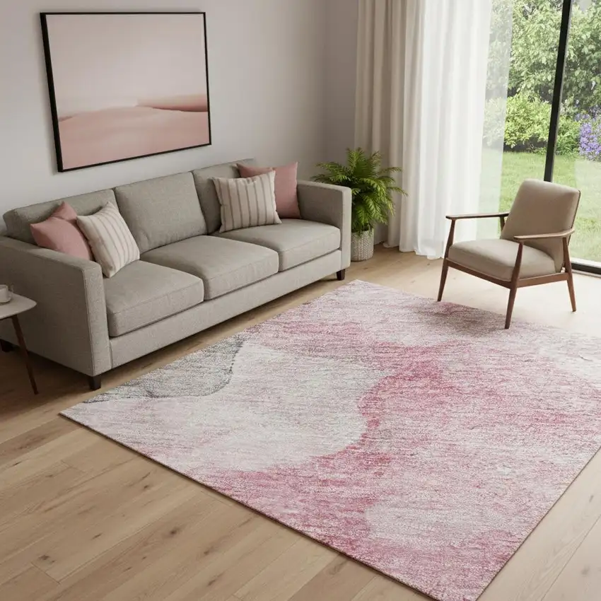 Blush And Gray Abstract Washable Area Rug With UV Protection Photo 2