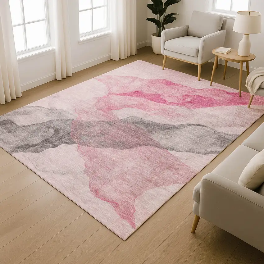 Blush And Gray Abstract Washable Area Rug With UV Protection Photo 5