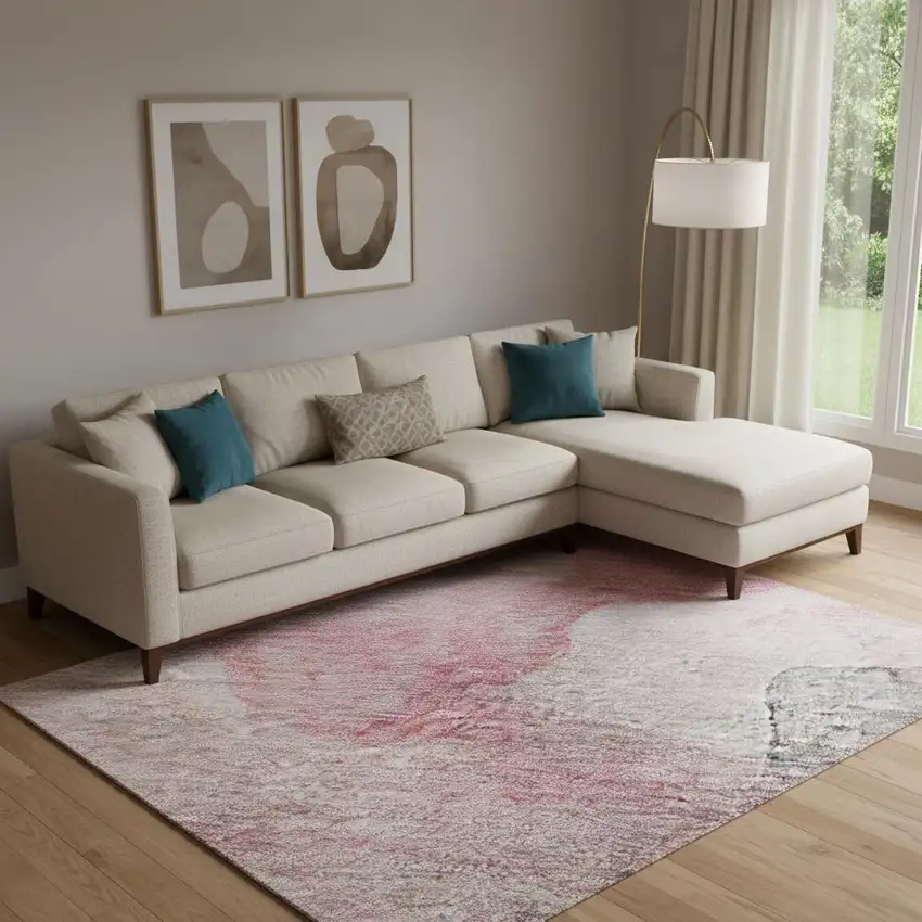 Blush And Gray Abstract Washable Area Rug With UV Protection Photo 2