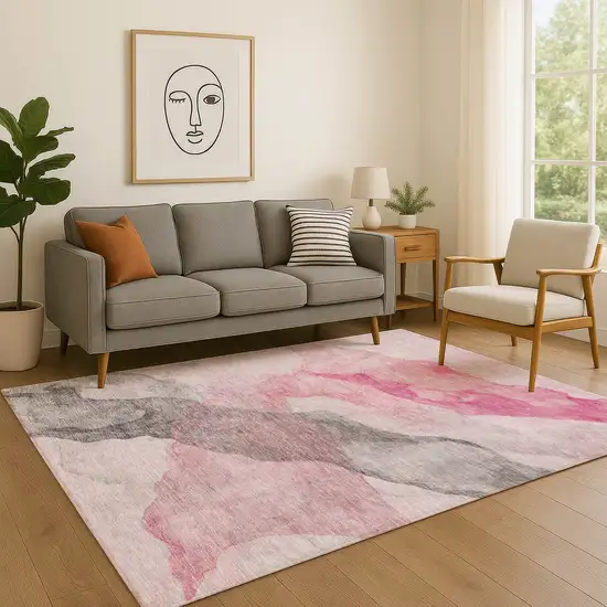 Blush And Gray Abstract Washable Area Rug With UV Protection Photo 4