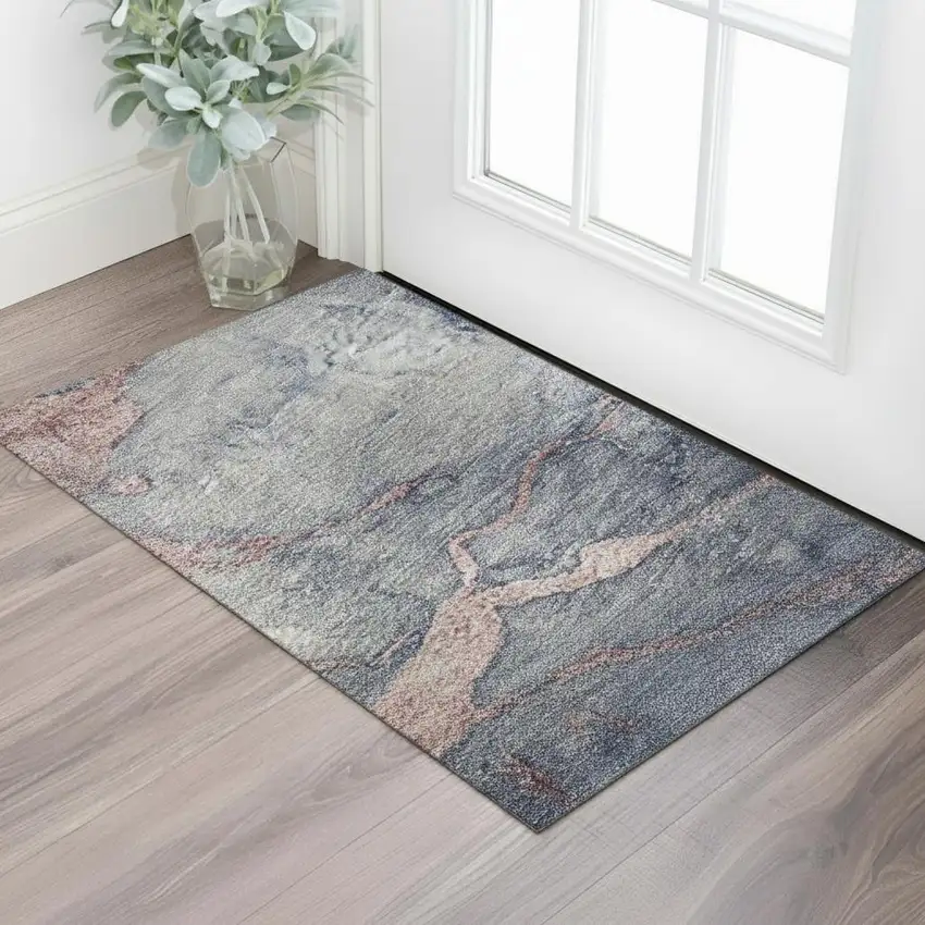 Blush And Gray Abstract Washable Area Rug With UV Protection Photo 2