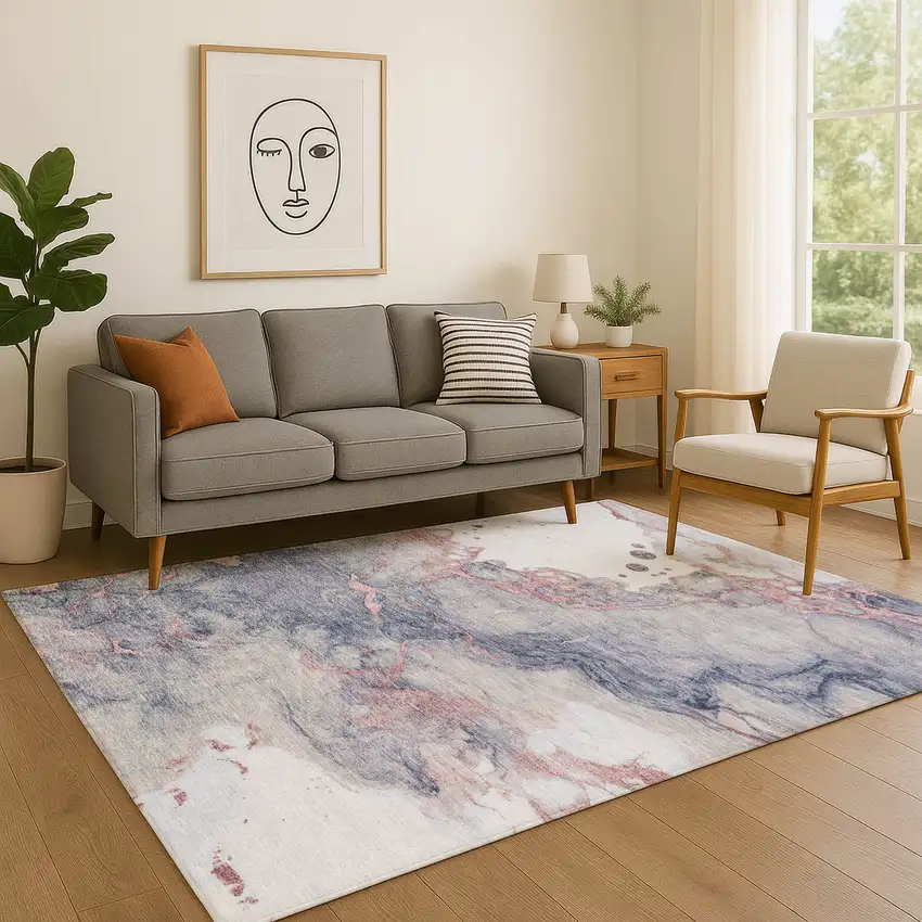 Blush And Gray Abstract Washable Area Rug With UV Protection Photo 3