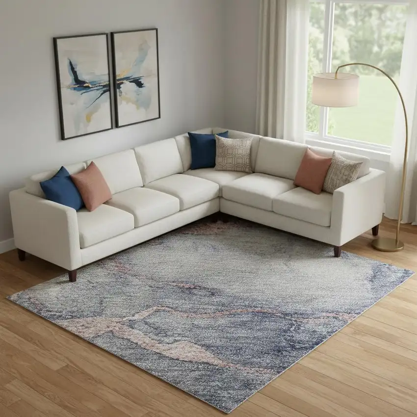 Blush And Gray Abstract Washable Area Rug With UV Protection Photo 2