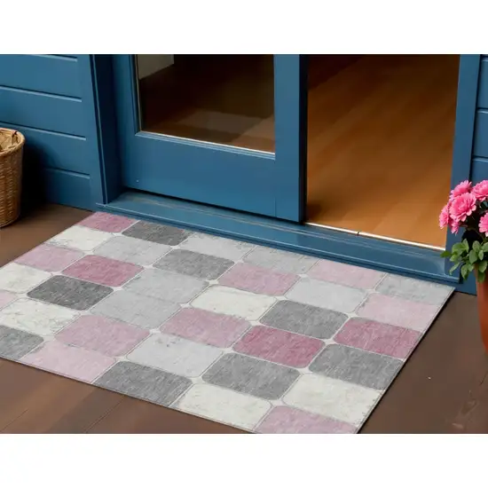 Blush And Gray Geometric Washable Indoor Outdoor Area Rug Photo 2